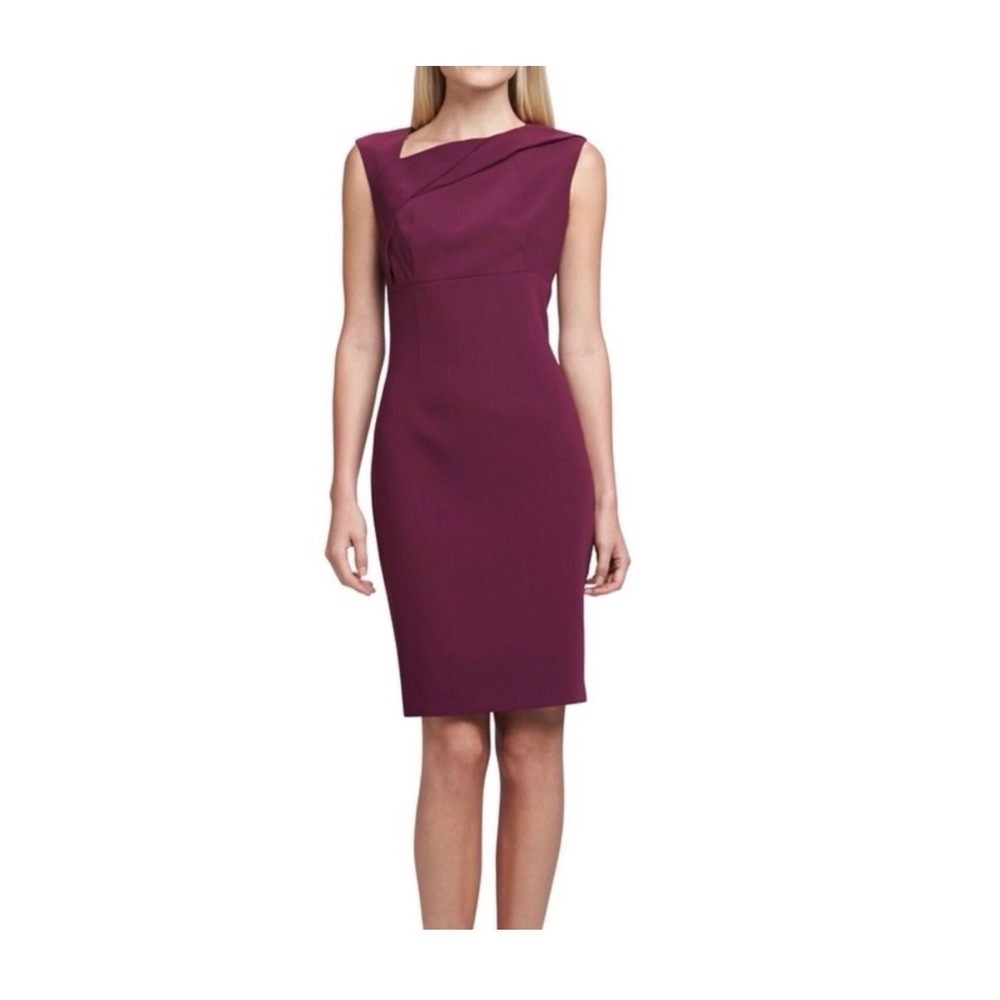 T Tahari Womens Burgundy Asymmetrical Pleated Neck Sheath Dress Size 8